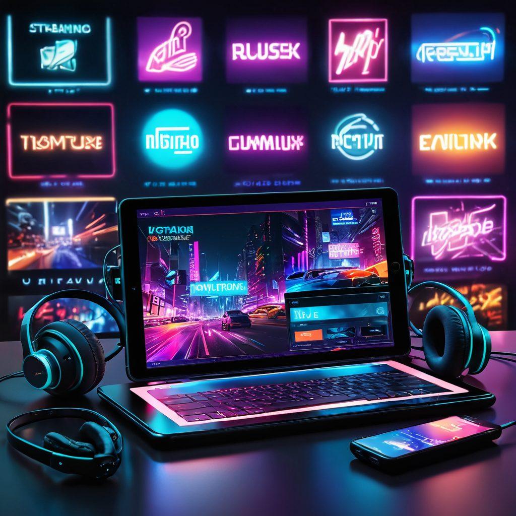 A sleek, modern digital interface showcasing a variety of streaming thumbnails for adult content, with bold graphics and enticing colors. Include a pair of headphones and a tablet/tablet-like device in the foreground, representing immersive viewing. The background should be abstract with hints of neon lights to evoke excitement. Create an inviting atmosphere that feels engaging and adventurous. cyberpunk. vibrant colors. 3D.